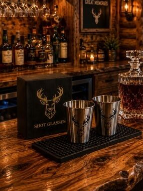 Stag Logo Stainless Steel Shot Glasses - Rustic Bar Set